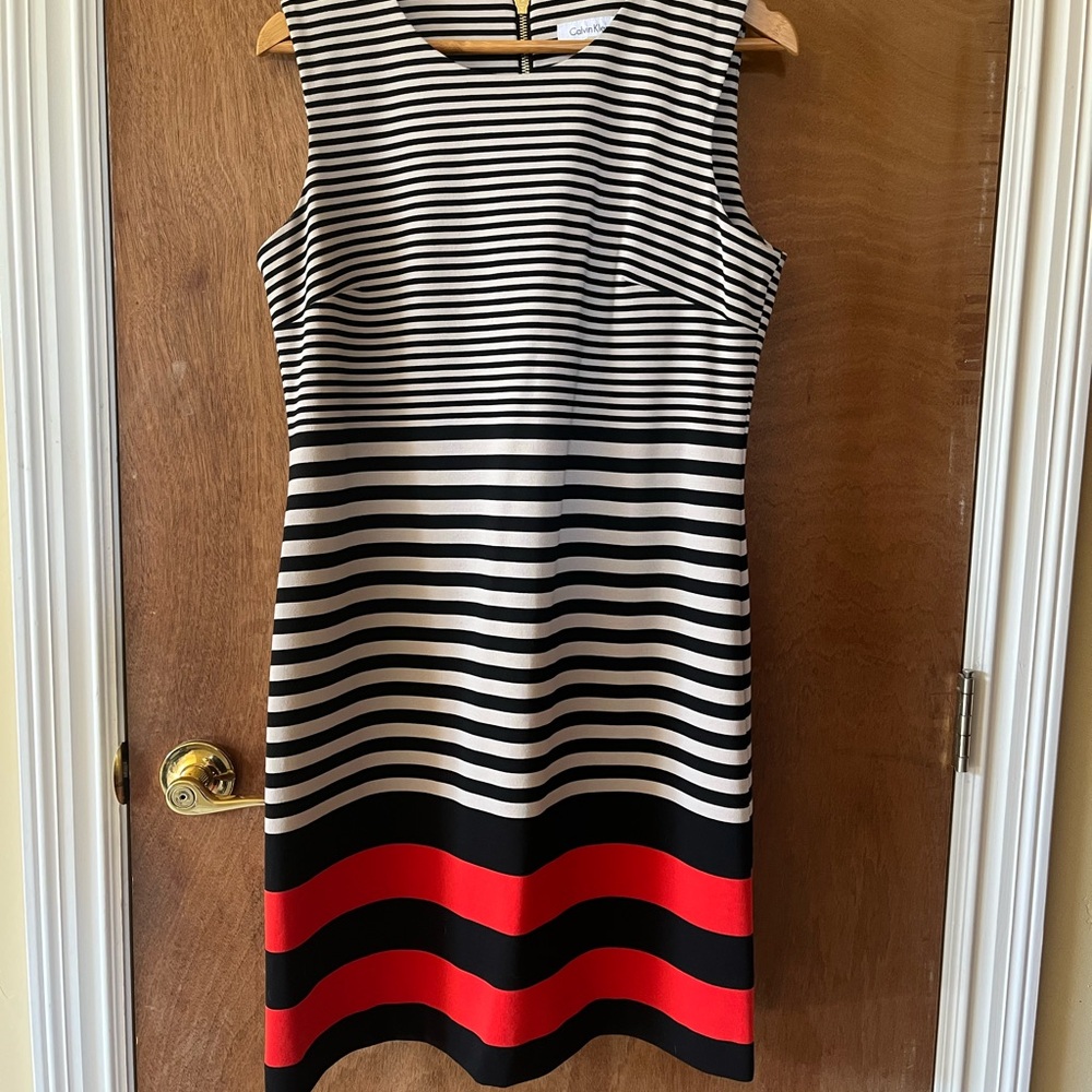 Calvin Klein Striped Black, White, and Red Midi Dress